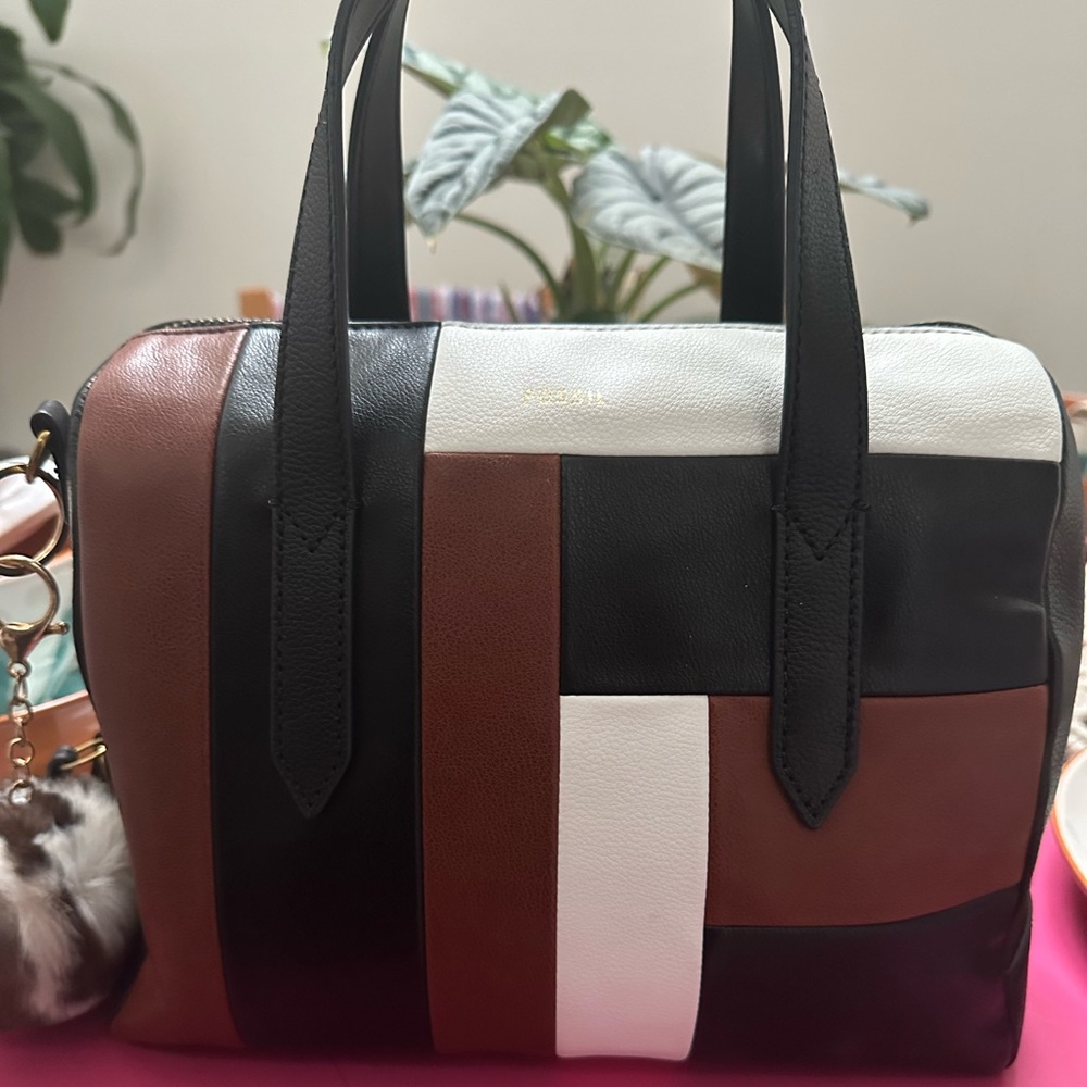 Fossil Sydney Satchel, black, brown, cream, leather, shoulder or carry